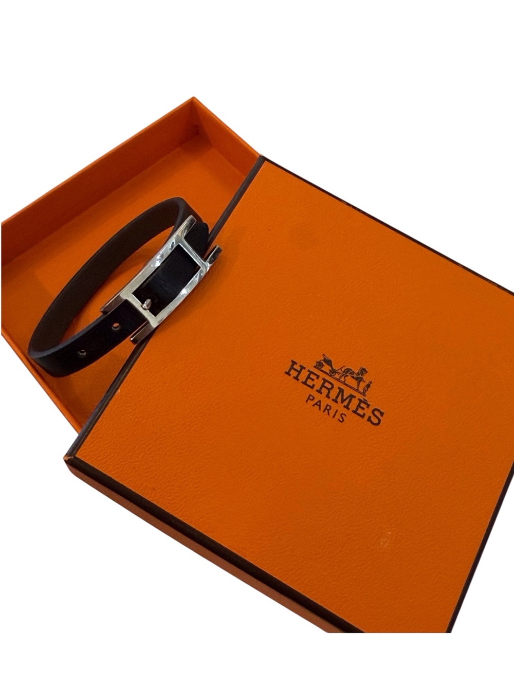 Hermes Black Leather Bracelet with Silver Buckle